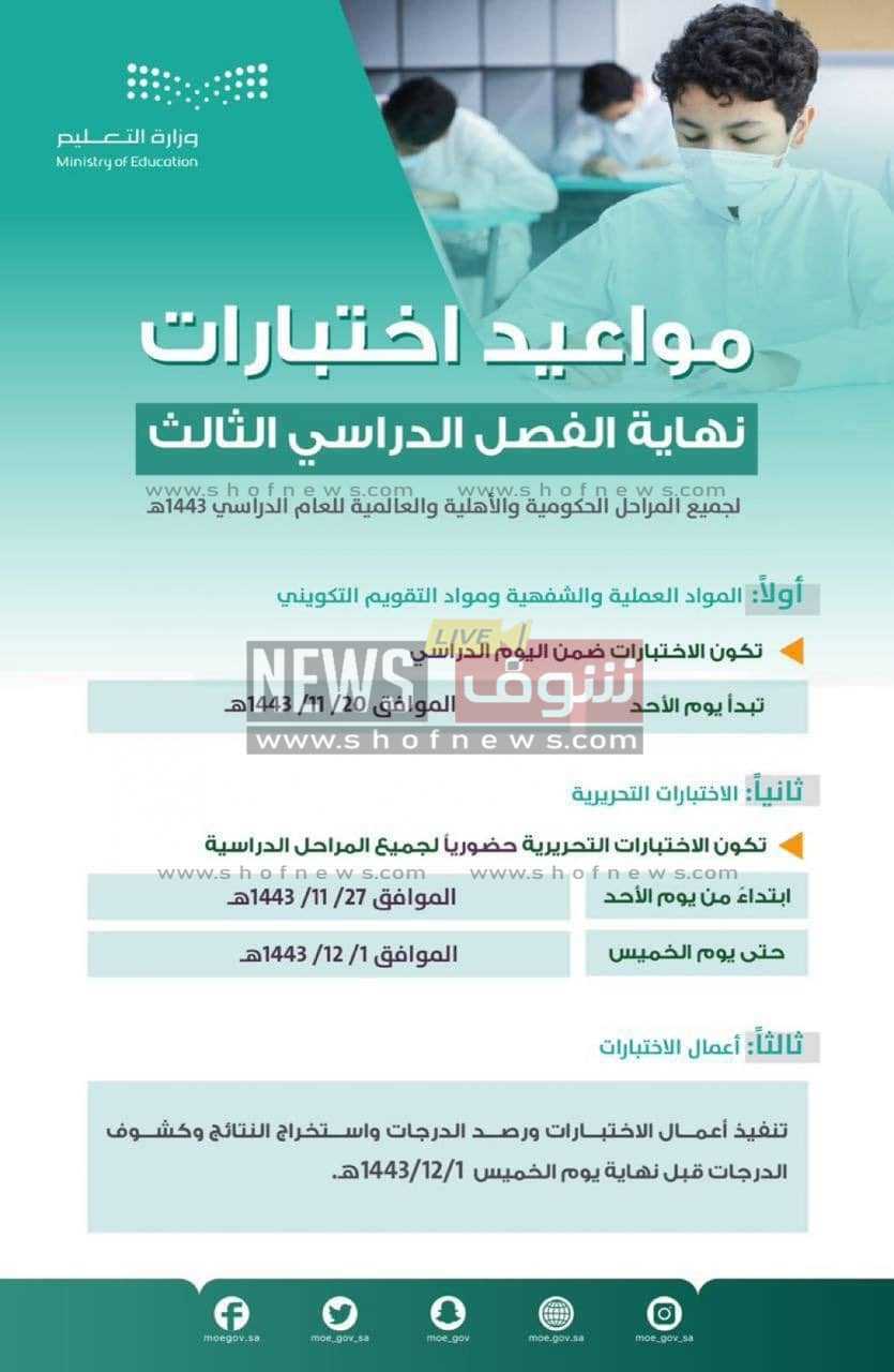 موعد الاختبارات النهائية الفصل الثالث 1443  بعد التعديل وفقًا لوزارة التعليم السعودية moe.gov.sa