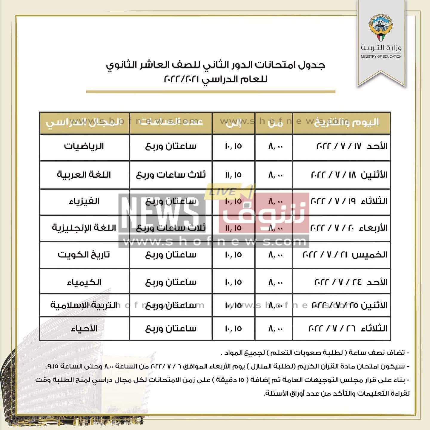 جدول امتحانات الدور الثانى 2022 الكويت الثانوية العامة 