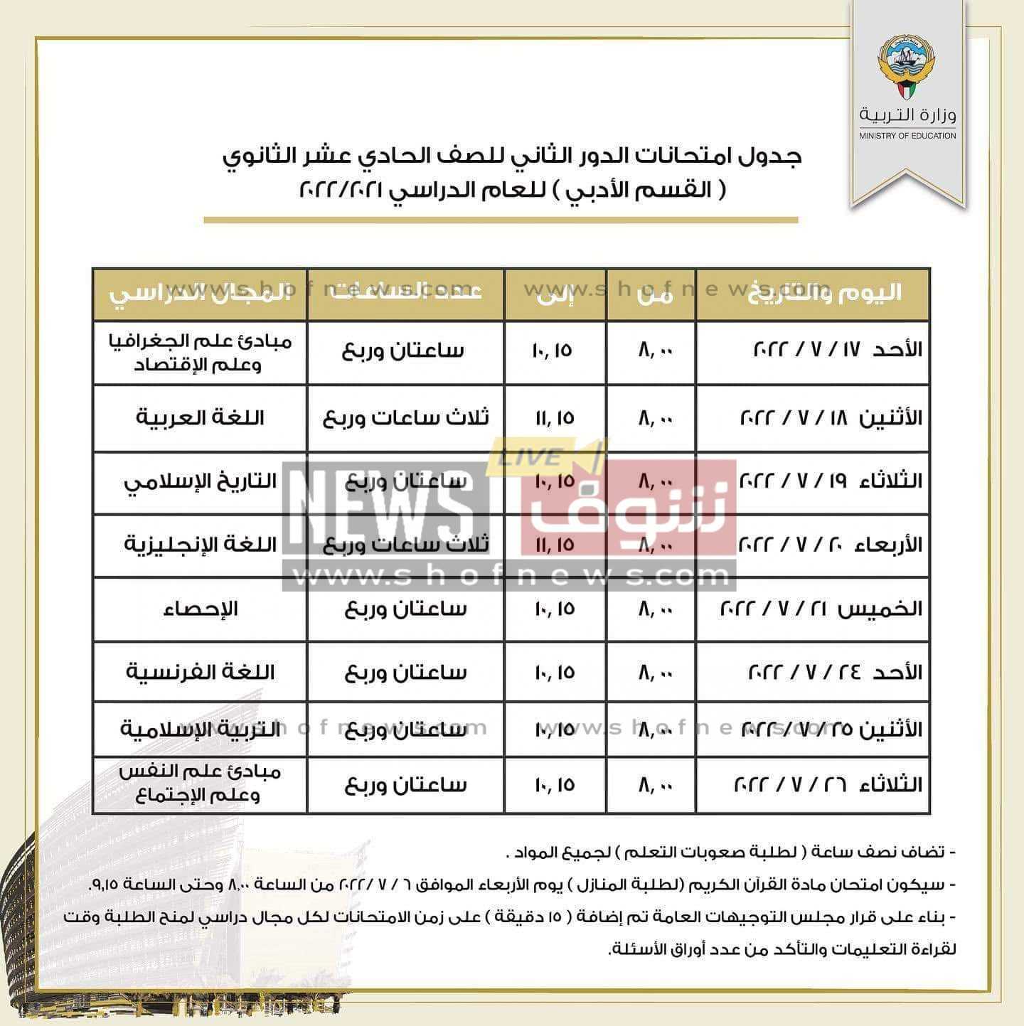 جدول امتحانات الدور الثانى 2022 الكويت 