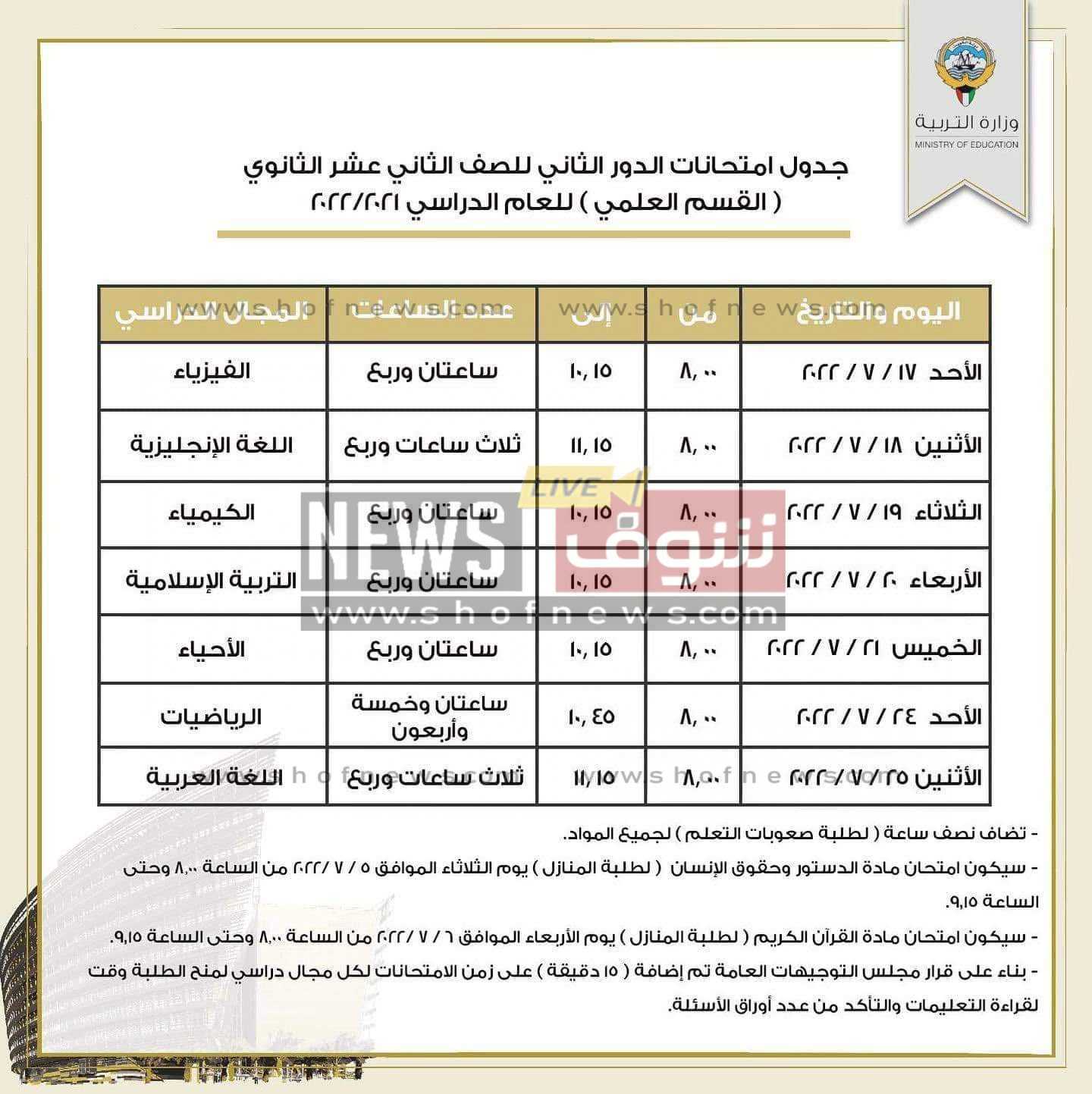 جدول امتحانات الدور الثانى 2022 الكويت 