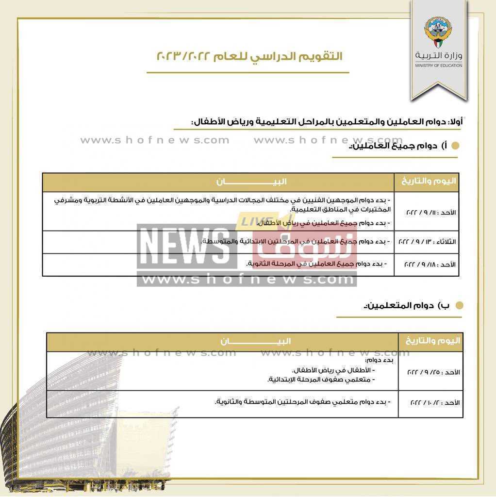 جديد التقويم الدراسي ٢٠٢٢-٢٠٢٣ الكويت موعد بداية الدراسة 2022 - 2023 الكويت